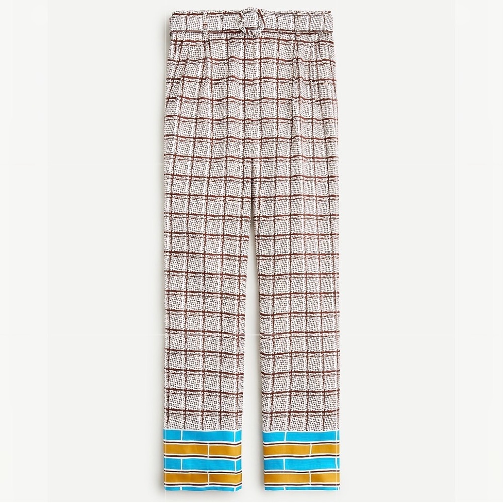 NEW J.Crew Collection High-Rise Silk Twill Trouser Mini Windowpane Print 4 Brown